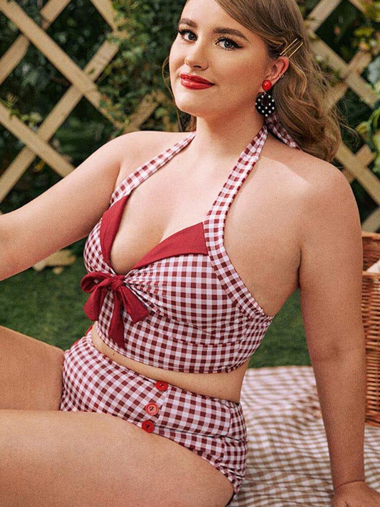High-Waist Red Gingham Nylon Swimsuit with Bow Detail-One-Piece Swimsuit-Bellascena-bellascena