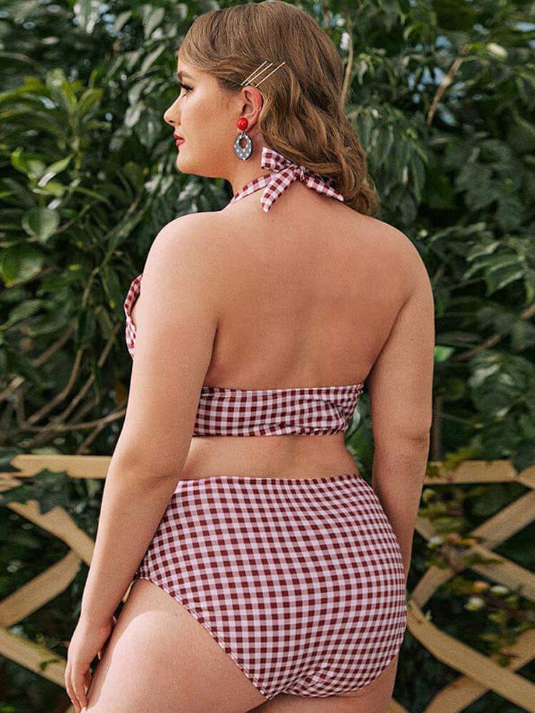 High-Waist Red Gingham Nylon Swimsuit with Bow Detail-One-Piece Swimsuit-Bellascena-bellascena