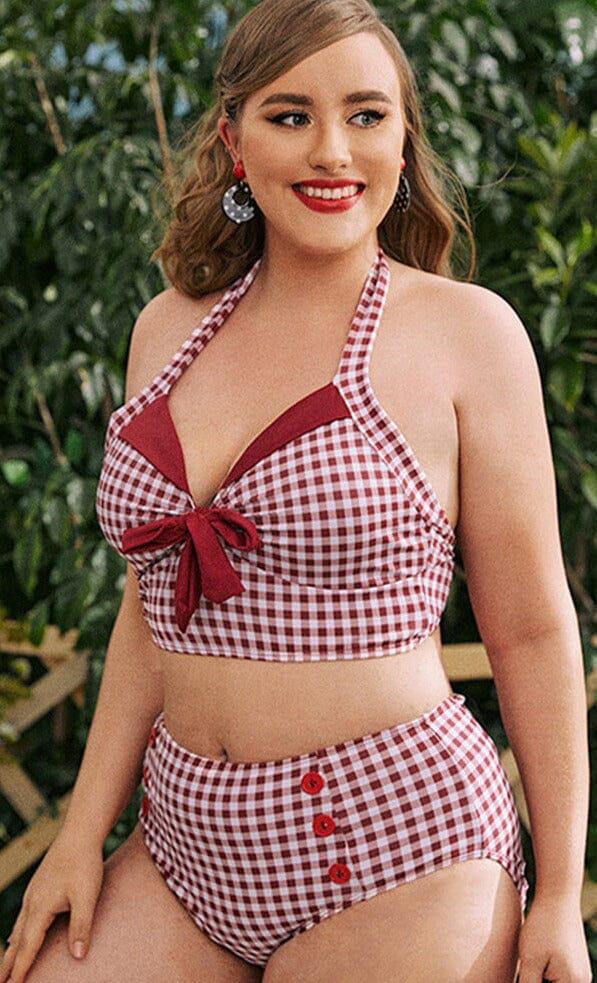 High-Waist Red Gingham Nylon Swimsuit with Bow Detail-One-Piece Swimsuit-Bellascena-bellascena