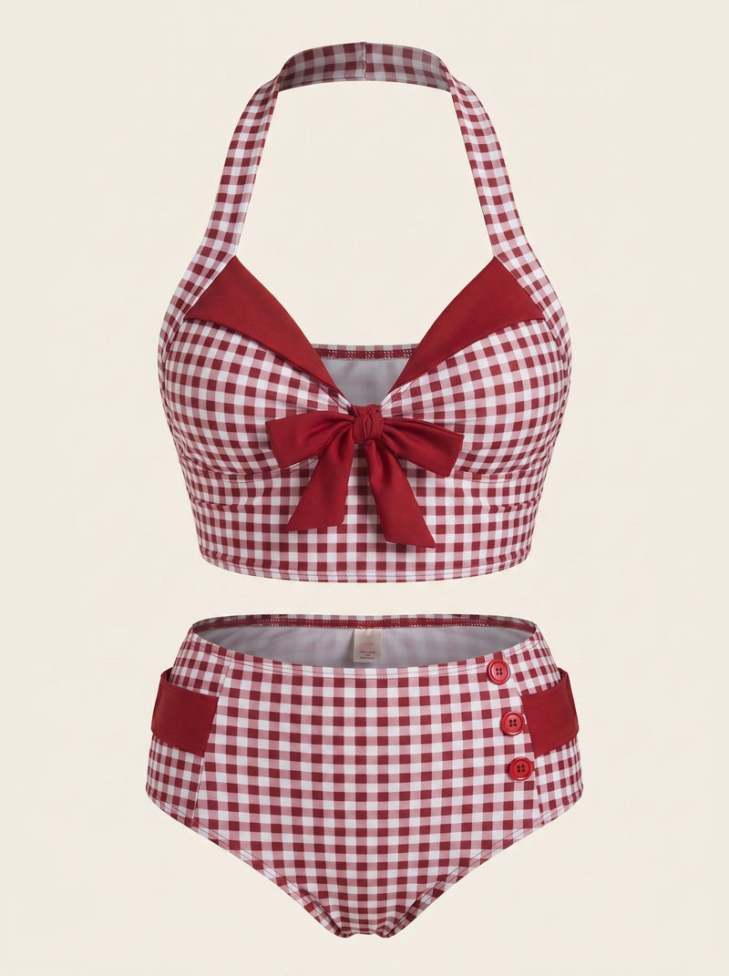 Maillot de bain en nylon rouge vichy taille haute avec détail nœud