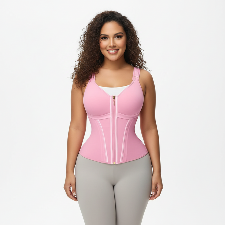 High-Waist Solid Pink Polyester Shapewear with Built-in Bra-Shapewear-Bellascena-bellascena