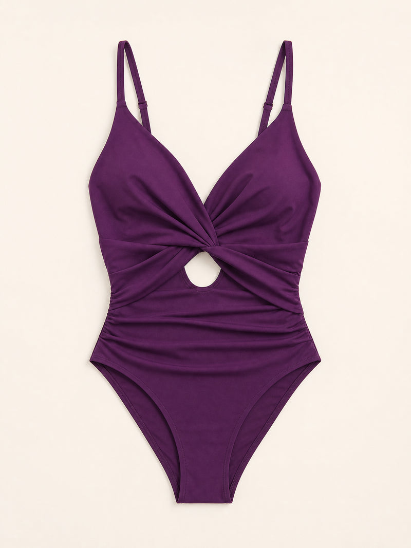 Maillot de bain en nylon prune uni taille haute avec devant torsadé
