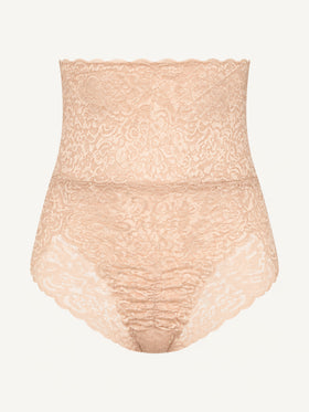 High-Waisted Floral Beige Lace Panty with Scalloped Edges-Panty-Bellascena-Beige-M-bellascena