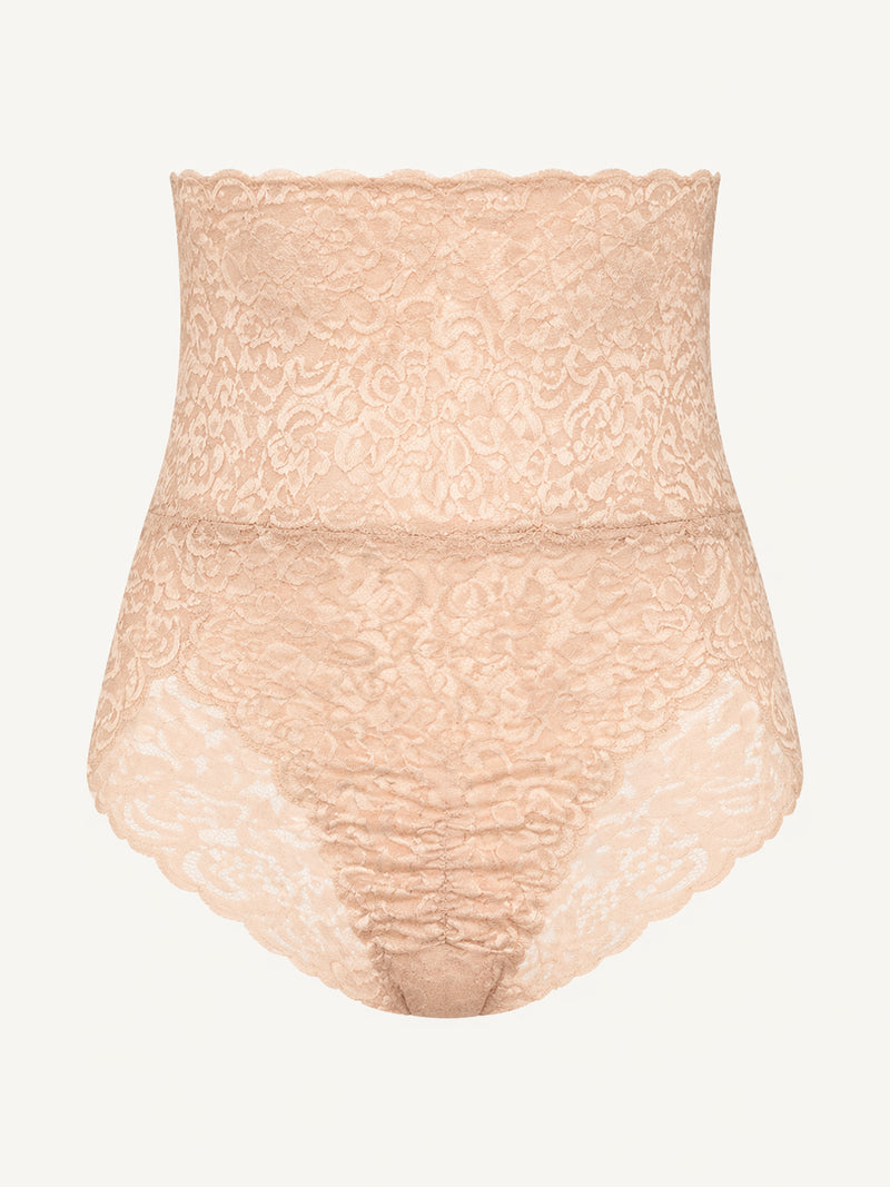 High-Waisted Floral Beige Lace Panty with Scalloped Edges