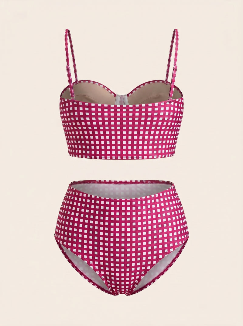 Ensemble de maillot de bain 2 pièces synthétique rose vichy taille haute avec bretelles réglables