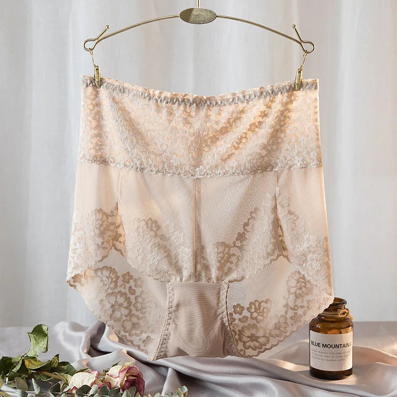 High-Waisted Navy Blue Lace Panty with Sheer Scalloped Edges-Panty-Bellascena-Beige-L-bellascena