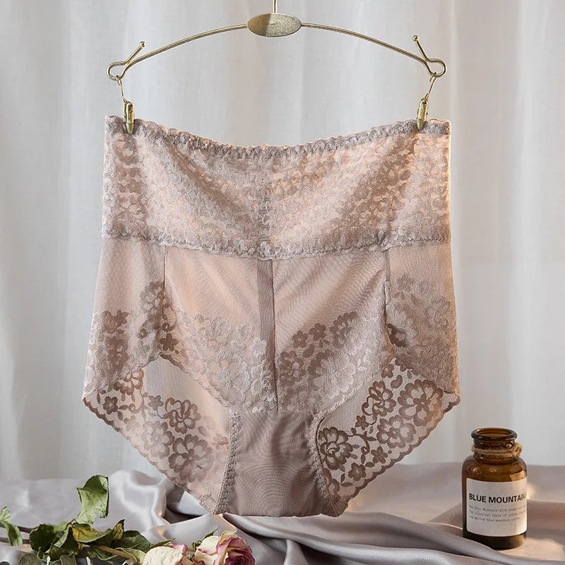 High-Waisted Navy Blue Lace Panty with Sheer Scalloped Edges-Panty-Bellascena-Gray-L-bellascena