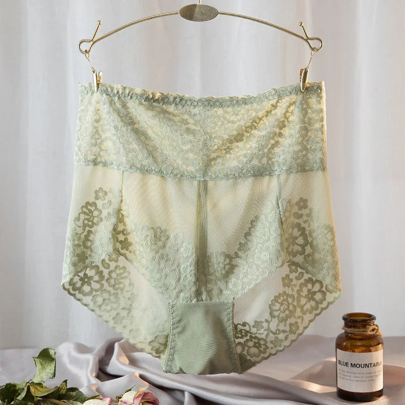 High-Waisted Navy Blue Lace Panty with Sheer Scalloped Edges-Panty-Bellascena-Green-L-bellascena