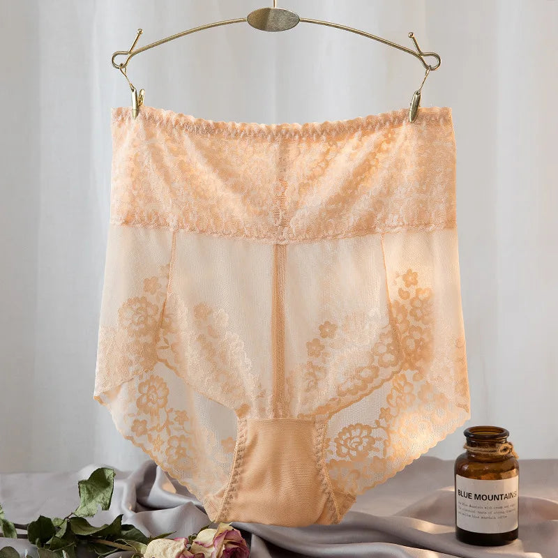 High-Waisted Navy Blue Lace Panty with Sheer Scalloped Edges-Panty-Bellascena-Pink-L-bellascena