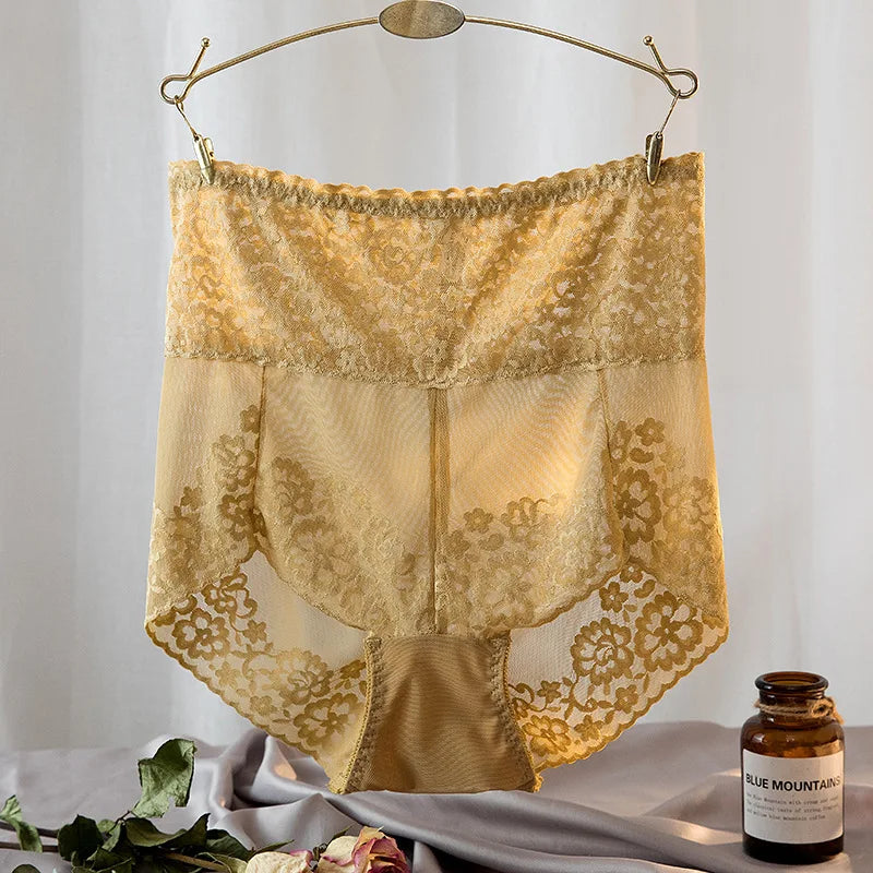 High-Waisted Navy Blue Lace Panty with Sheer Scalloped Edges-Panty-Bellascena-Yellow-L-bellascena