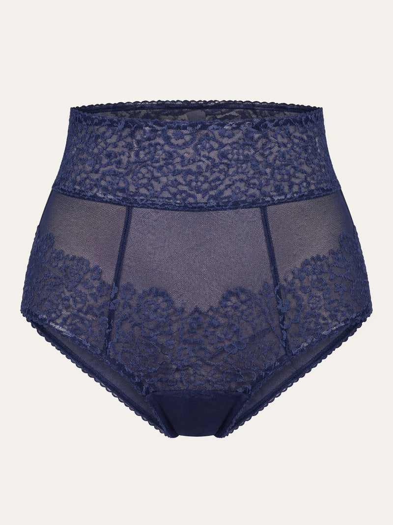 High-Waisted Navy Blue Lace Panty with Sheer Scalloped Edges