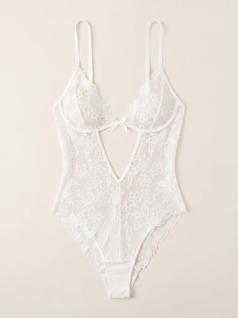 Ivory Lace Bodysuit with Strappy Sheer Elegance