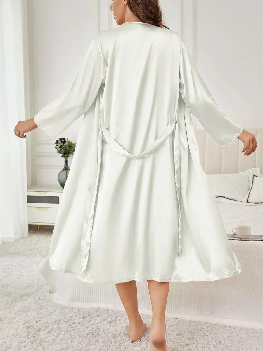 Ivory Satin Kimono Robe with Tie Closure-Kimono Robe-Bellascena-bellascena