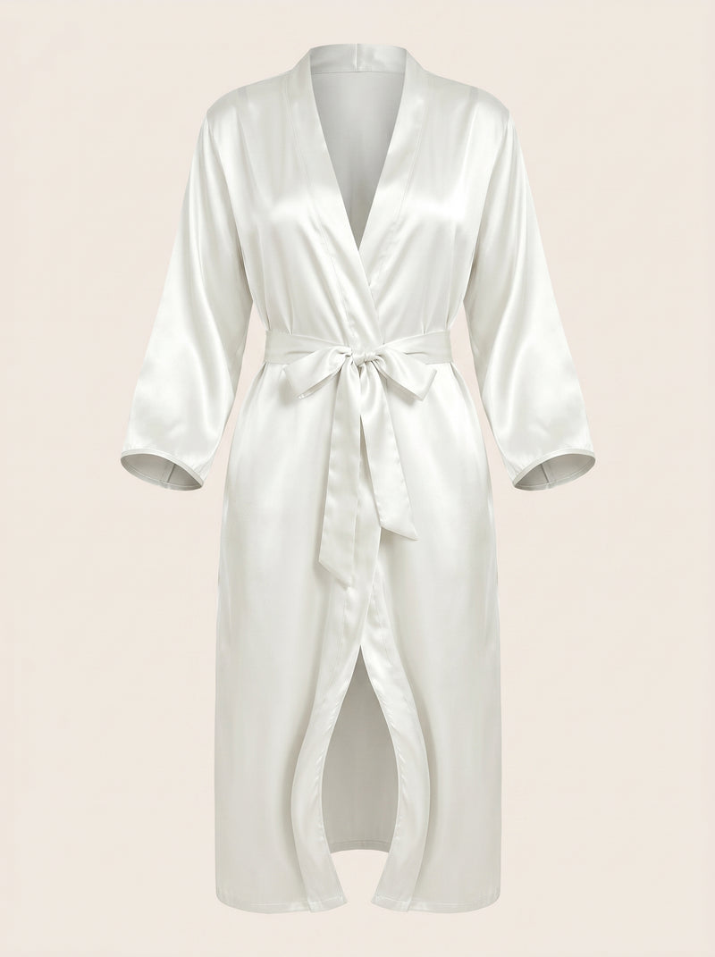 Ivory Satin Kimono Robe with Tie Closure
