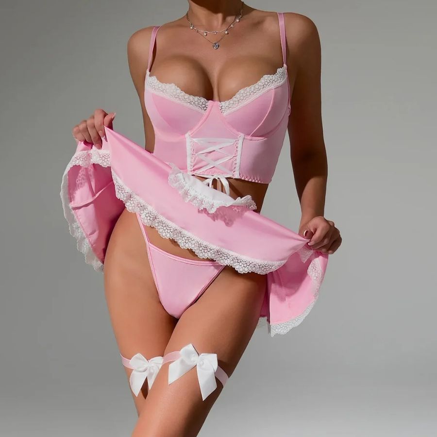 Lace Trim Light Pink Satin Bodysuit with Corset Style-Bodysuit-Bellascena-bellascena