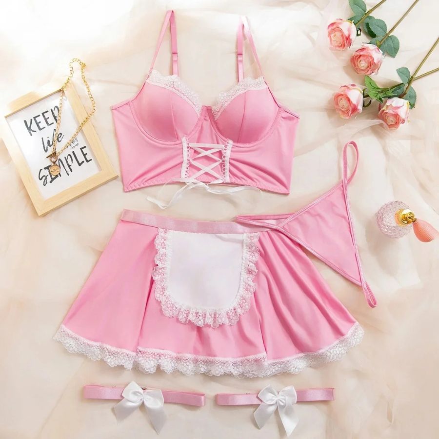 Lace Trim Light Pink Satin Bodysuit with Corset Style-Bodysuit-Bellascena-bellascena