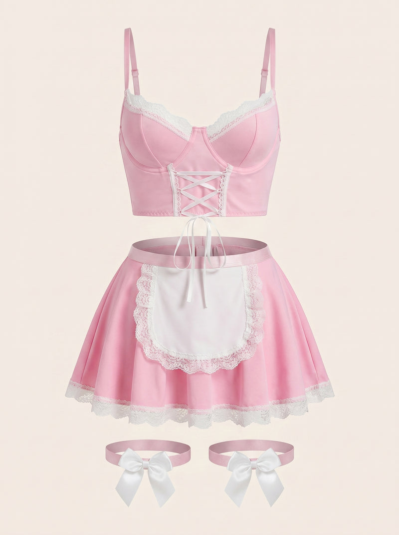 Lace Trim Light Pink Satin Bodysuit with Corset Style