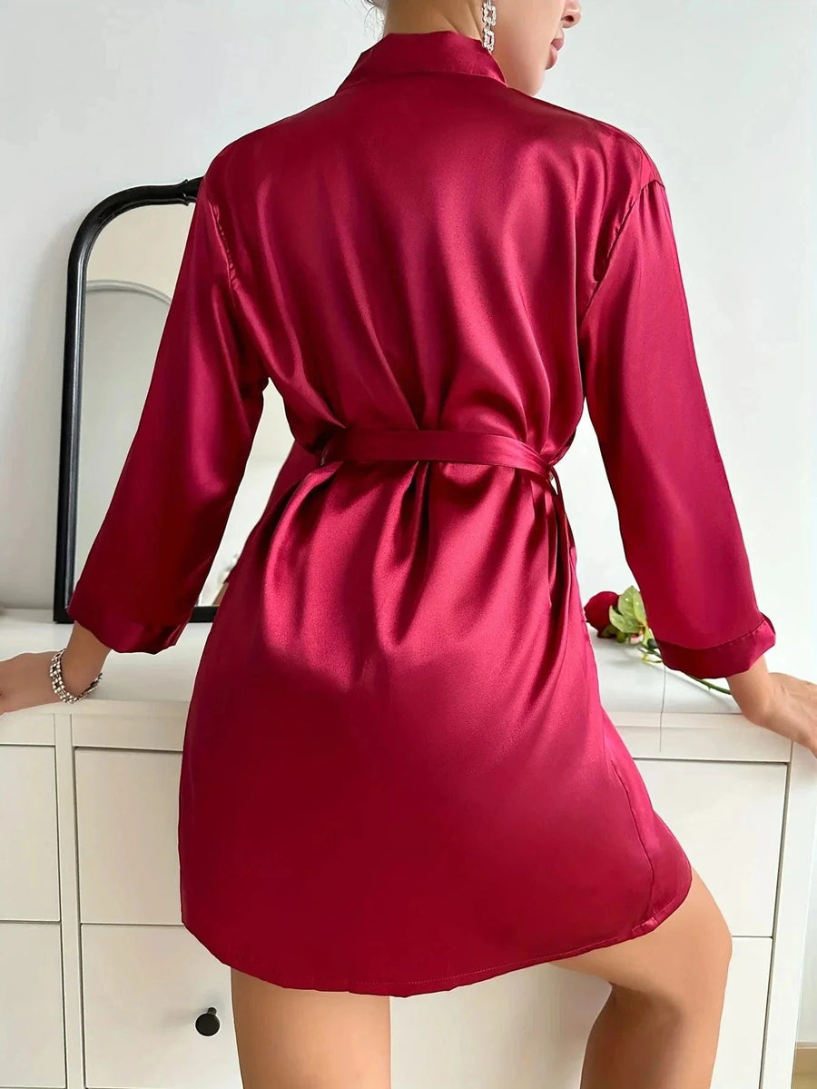 Lace-Trimmed Deep Red Satin Kimono Robe with Tie Belt-Kimono Robe-Bellascena-bellascena