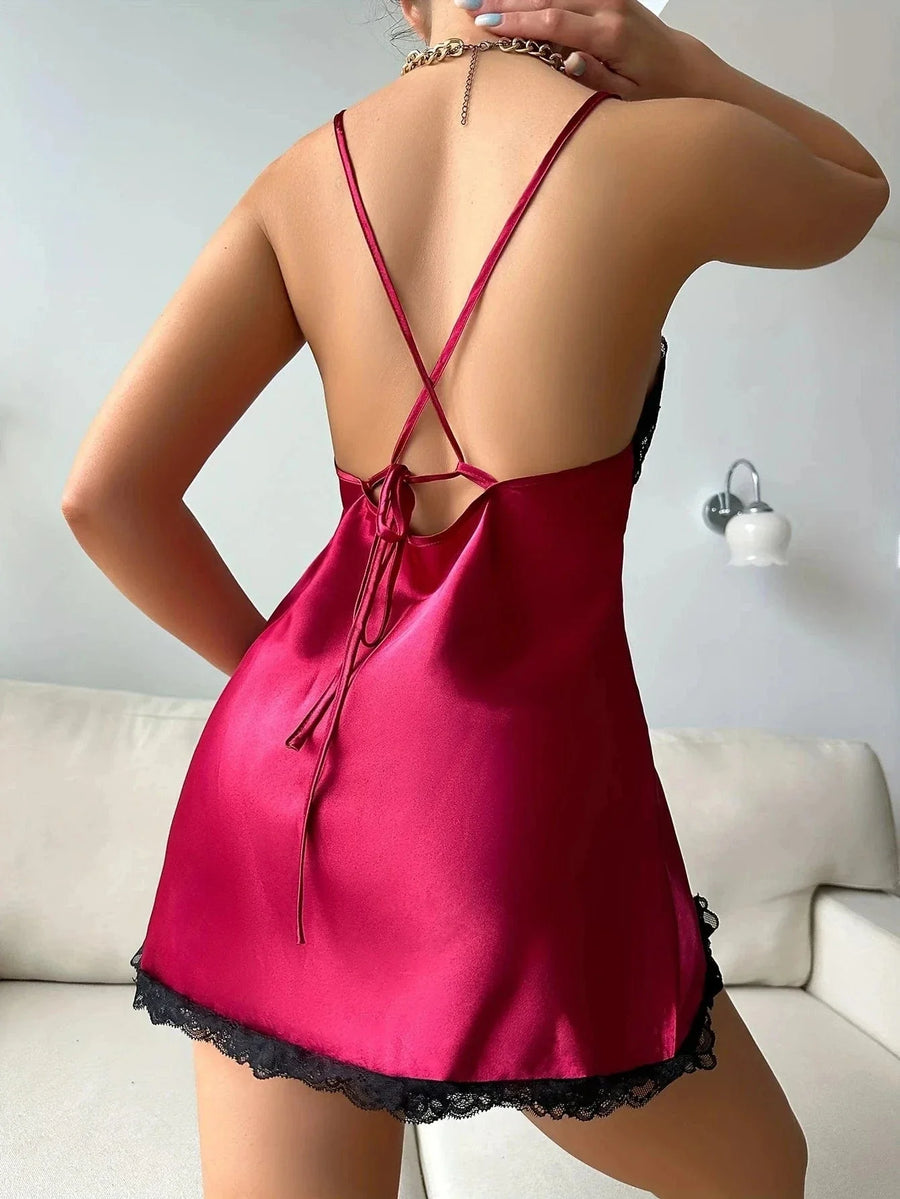 Lace-Trimmed Deep Red Satin Kimono Robe with Tie Belt-Kimono Robe-Bellascena-bellascena
