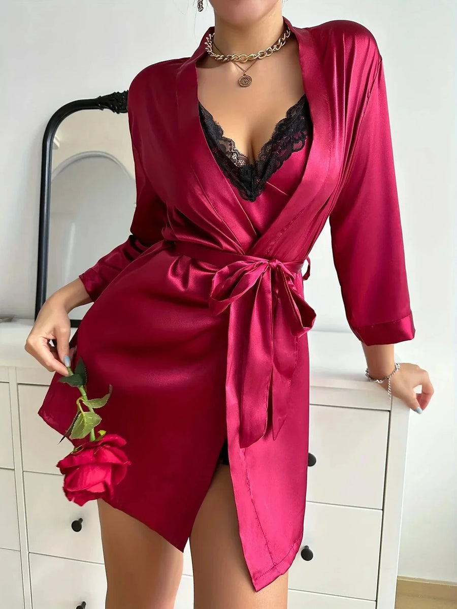 Lace-Trimmed Deep Red Satin Kimono Robe with Tie Belt-Kimono Robe-Bellascena-bellascena
