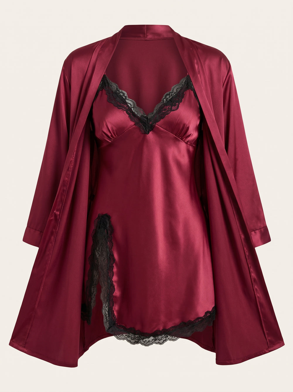 Set di vestaglia e camicia da notte in raso rosso intenso con bordi in pizzo e cintura da annodare