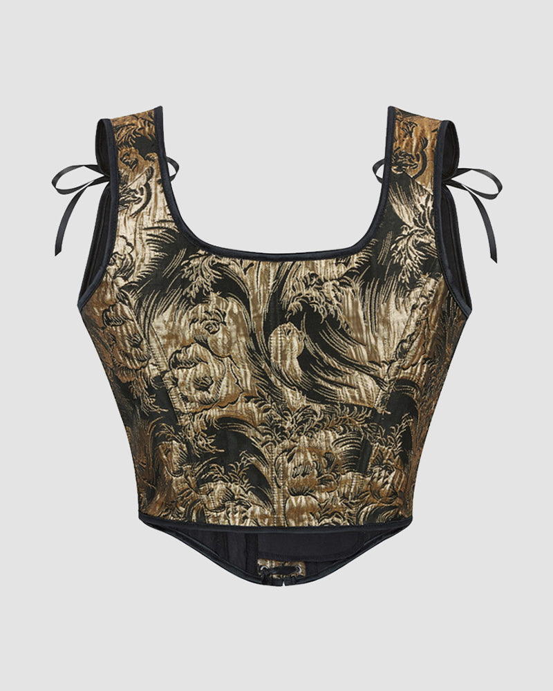 Lace-Up Gold and Black Floral Satin Corset with Bow Detail-Corset-Bellascena-bellascena