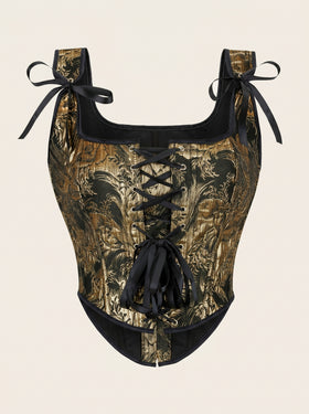 Lace-Up Gold and Black Floral Satin Corset with Bow Detail-Corset-Bellascena-Black Gold-XS-bellascena