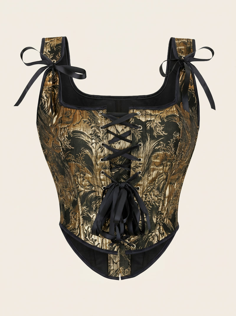 Corsetto in raso floreale dorato e nero con stringhe e dettaglio con fiocco
