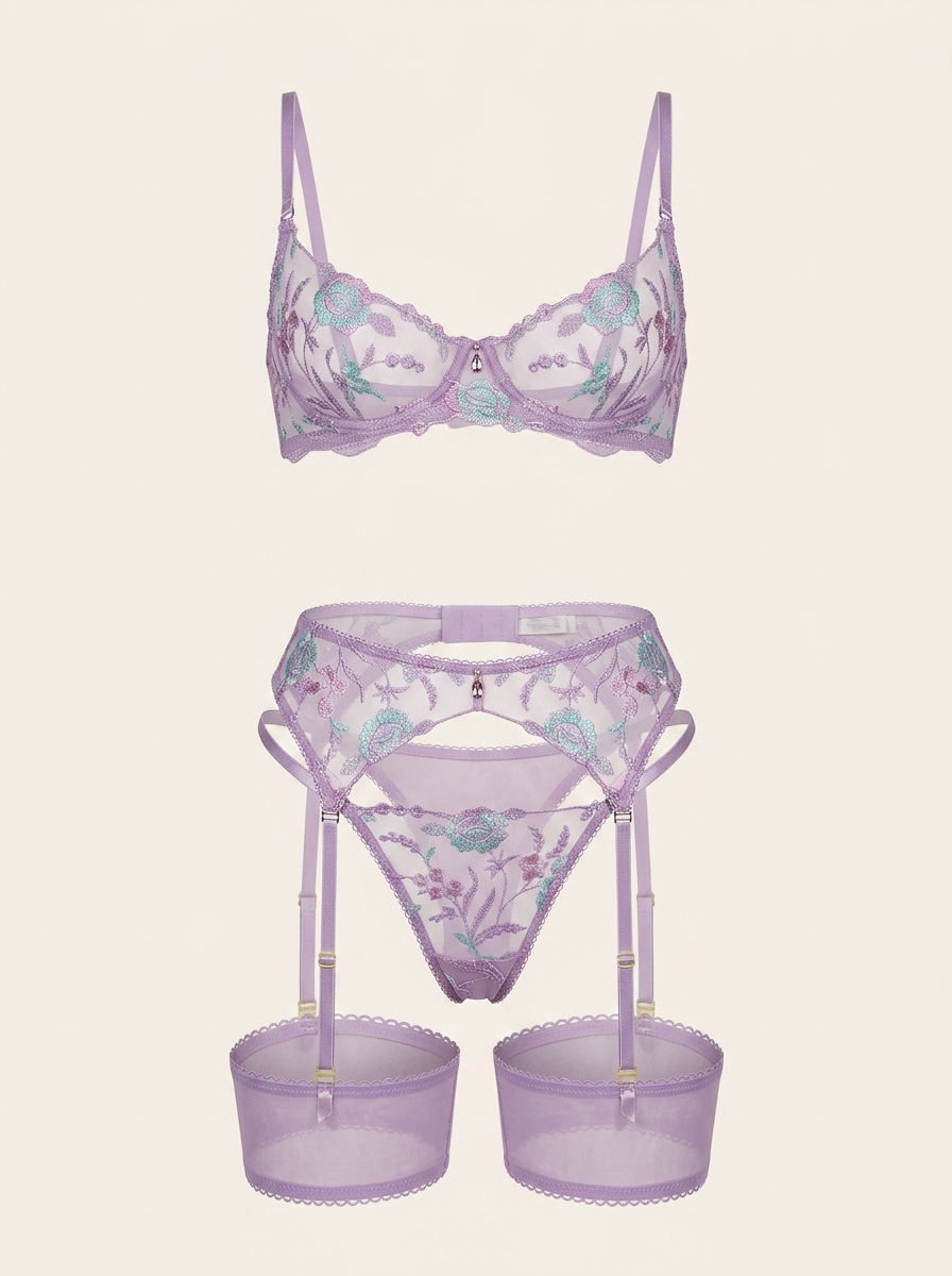 Lavender Floral Embroidered Mesh Lingerie Set with Strappy Details