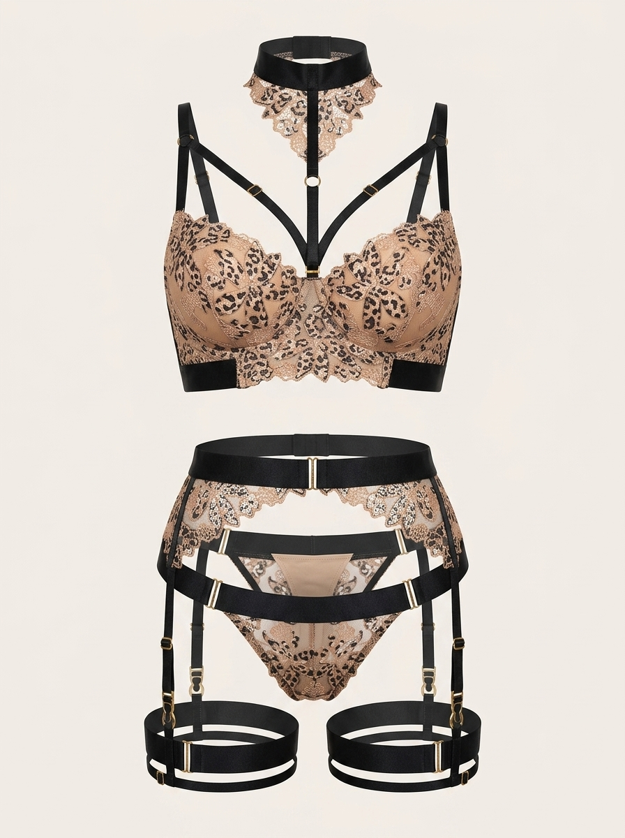 Leopard Print Embellished Lace Lingerie Set with Choker Detail