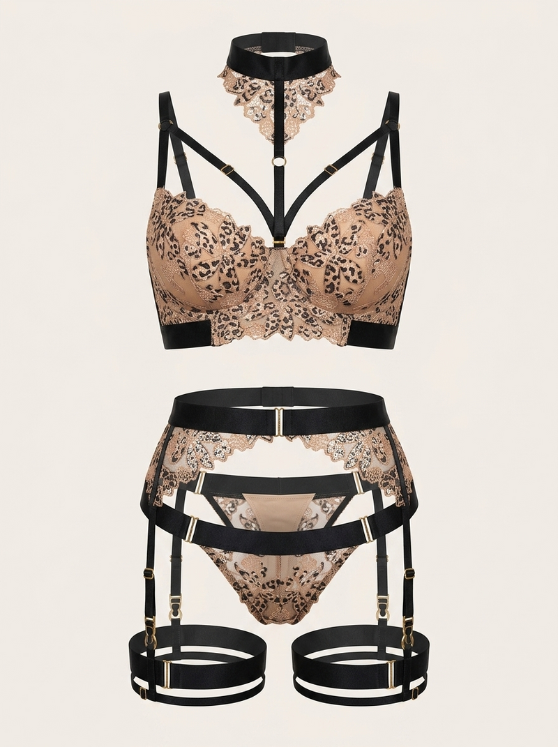 Completo lingerie in pizzo decorato con stampa leopardata e dettaglio choker