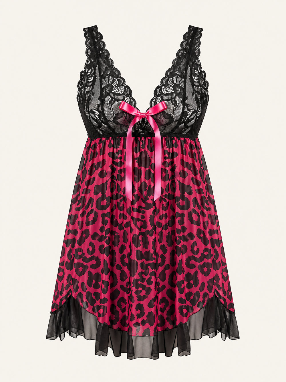 Babydoll van mesh met luipaardprint, kanten cups en rucherand
