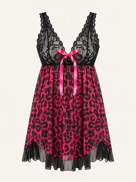 Leopard Print Mesh Babydoll with Lace Cups and Ruffle Hem-Nightgown-Bellascena-bellascena