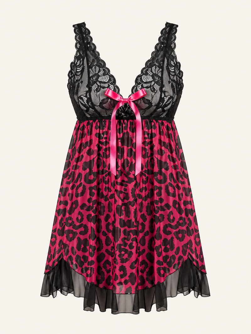 Leopard Print Mesh Babydoll with Lace Cups and Ruffle Hem