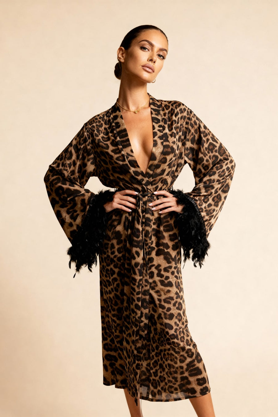 Leopard Print Mesh Kimono Robe with Feather Hem-Kimono Robe-Bellascena-bellascena