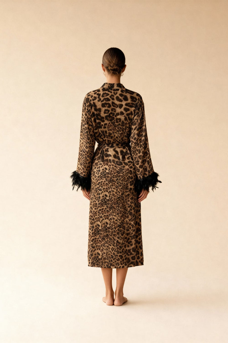 Leopard Print Mesh Kimono Robe with Feather Hem-Kimono Robe-Bellascena-bellascena