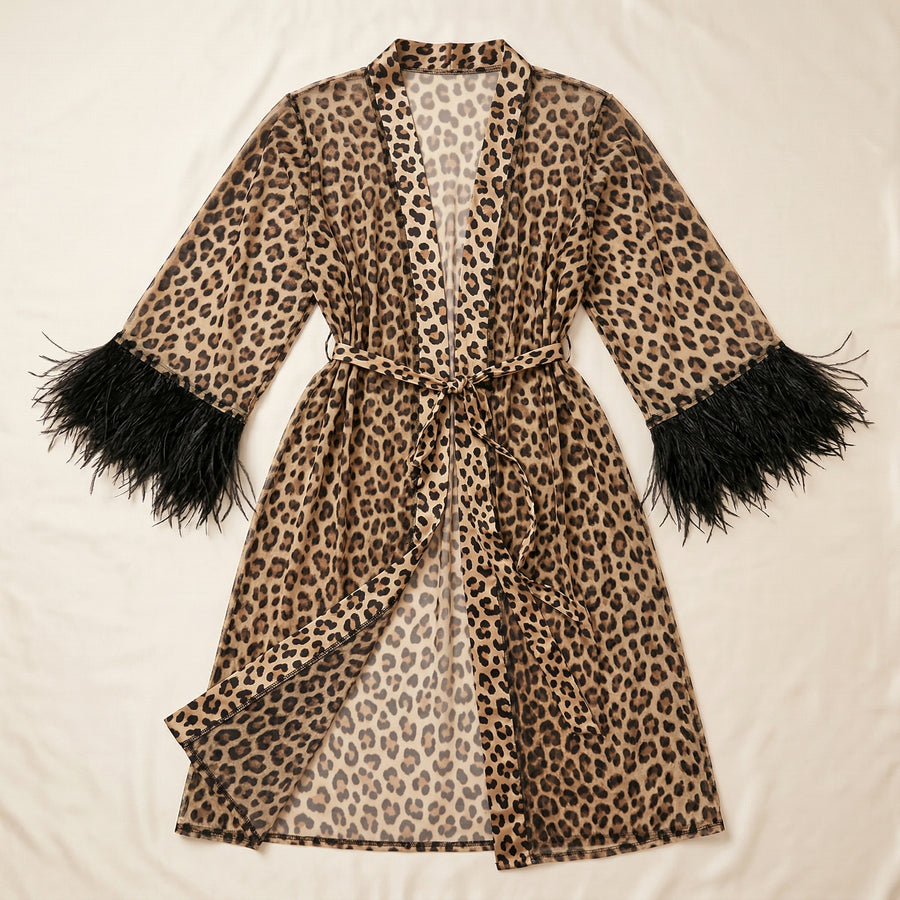 Leopard Print Mesh Kimono Robe with Feather Hem-Kimono Robe-Bellascena-bellascena