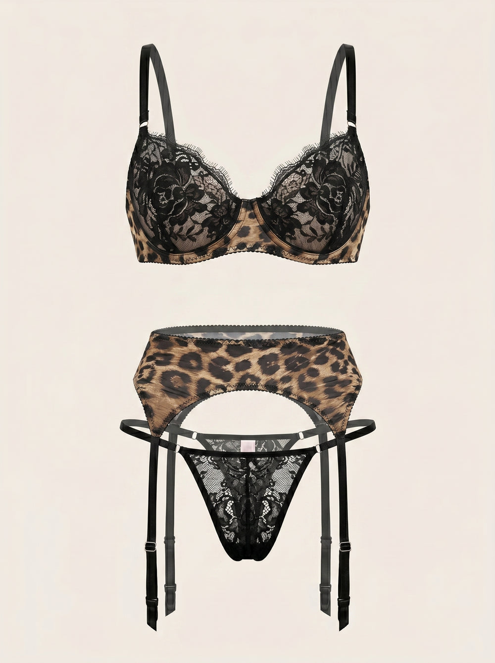 Mesh-Dessous-Set mit Leopardendruck und Spitzenüberzug