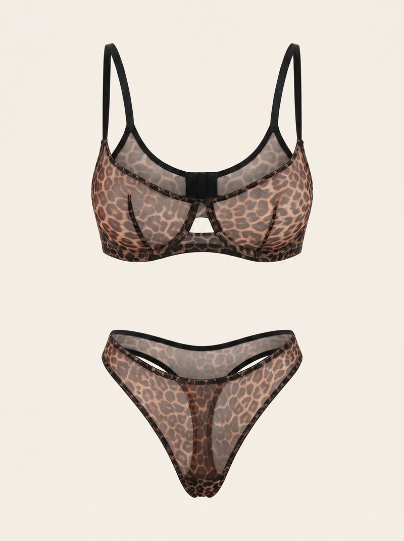 Set di lingerie in tulle con stampa leopardata e design con strappy