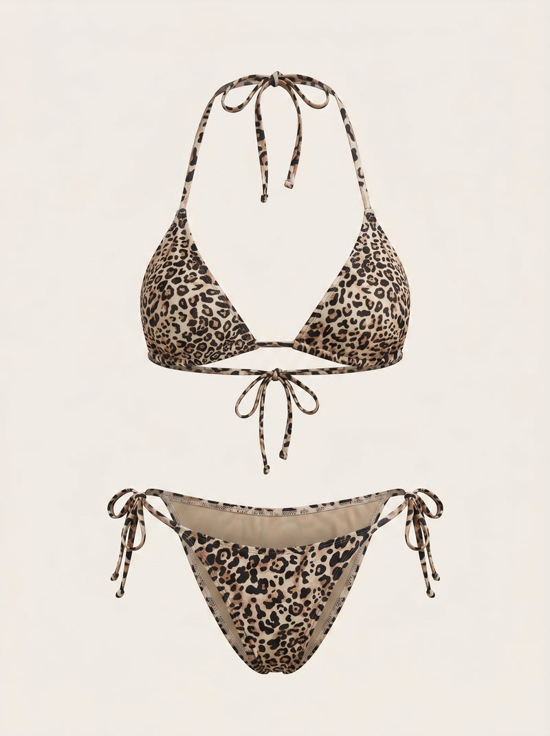 Set di costumi da bagno in nylon con stampa leopardata e chiusura con lacci
