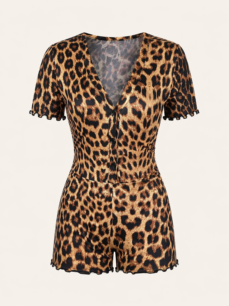 Leopard Print Satin Bodysuit with V-Neck Button Front
