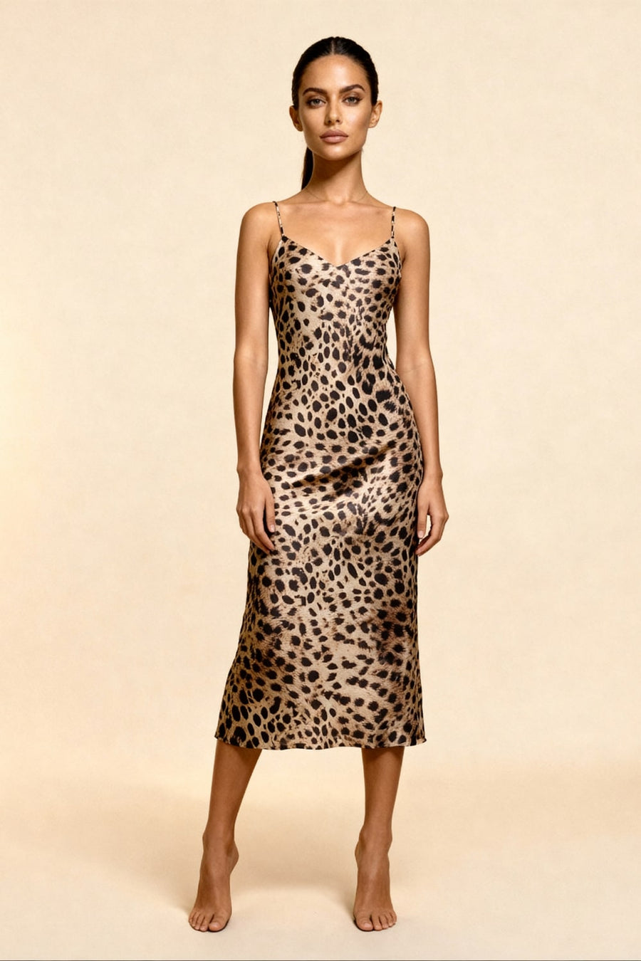 Leopard Print Satin Nightgown with Adjustable Straps-Nightgown-Bellascena-bellascena