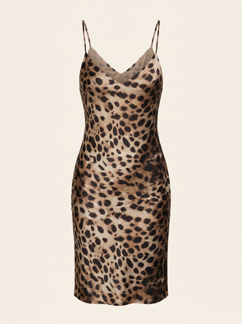 Camicia da notte in raso con stampa leopardata e spalline regolabili