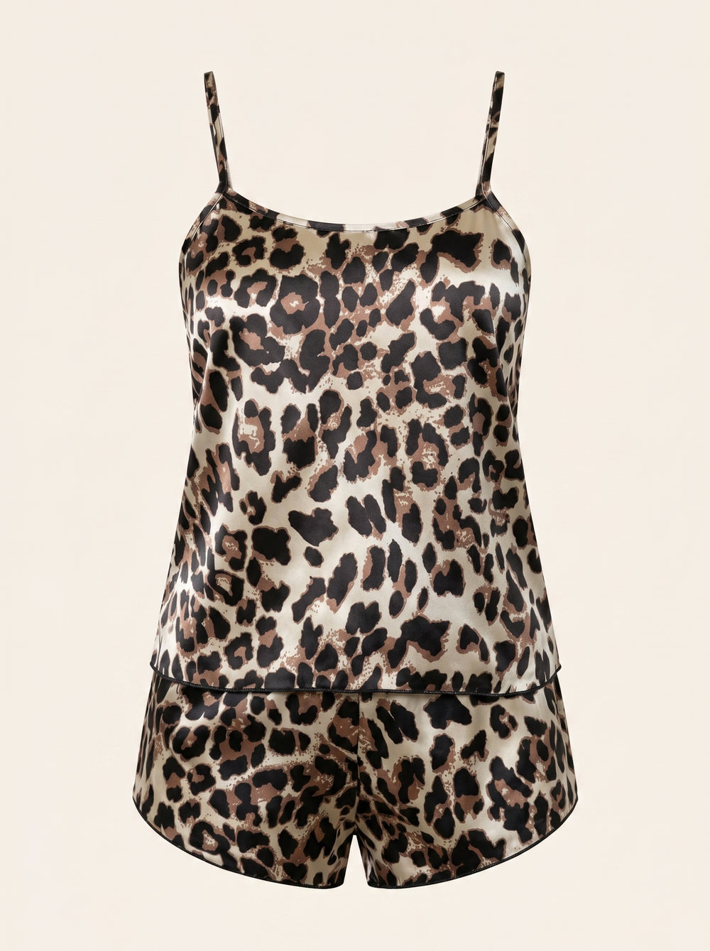Completo pigiama in raso con stampa leopardata e spalline regolabili