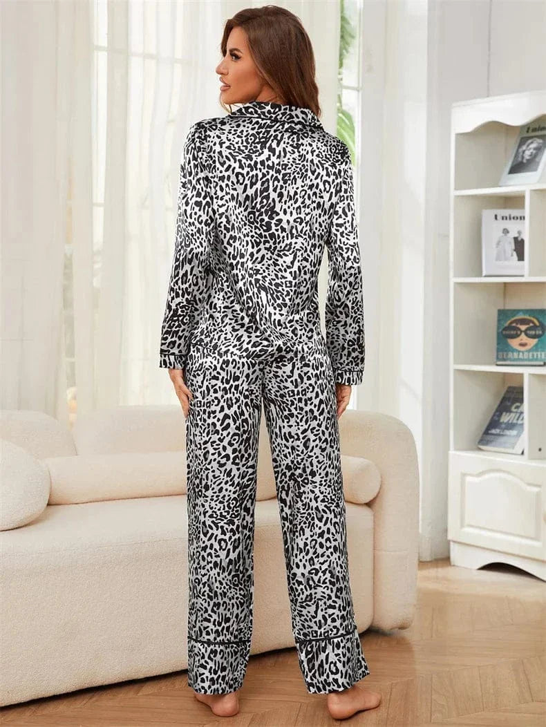 Leopard Print Satin Pajama Set with Button-Up Charm-Pajama Set-Bellascena-bellascena