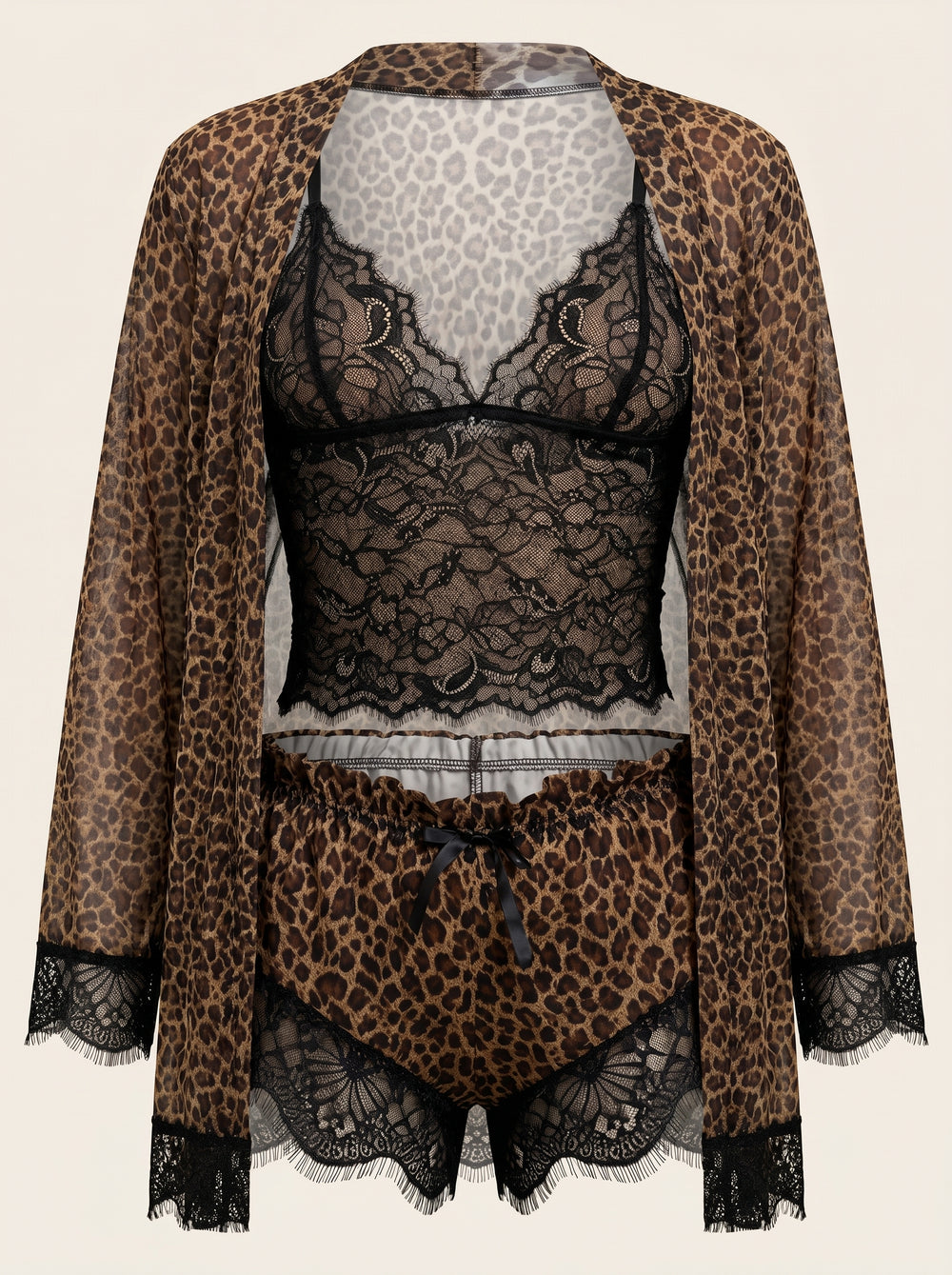 Satin-Schlafanzug mit Leopard-Print und Spitzenborte