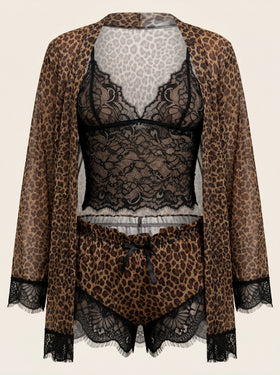 Leopard Print Satin Pajama Set with Lace Trim-Pajama Set-Bellascena-bellascena