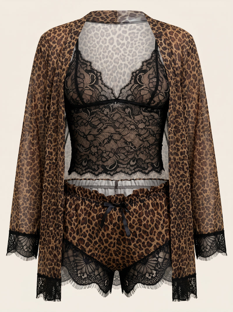 Ensemble de pyjama en satin à imprimé léopard avec bordure en dentelle