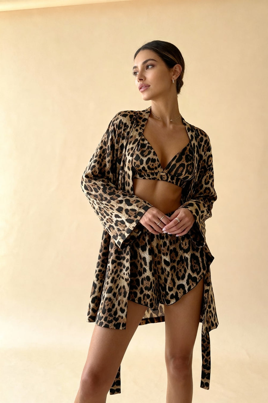 Leopard Print Satin Pajama Set with Tie Closure-Pajama Set-Bellascena-bellascena