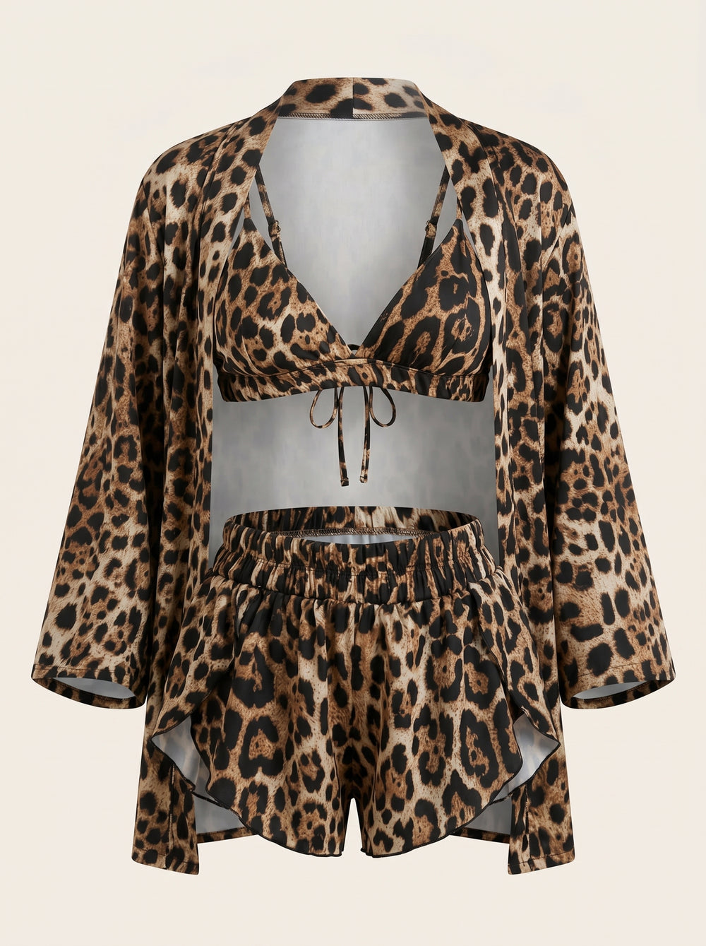 Leopard Print Satin Pajama Set with Tie Closure